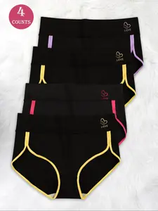 【Plus Size】 Contrast Binding Letter & Heart Pattern Brief, Soft Comfy Breathable Knicker for Daily Wear, Soft Breathable Panties, Women's Underwear for All Seasons