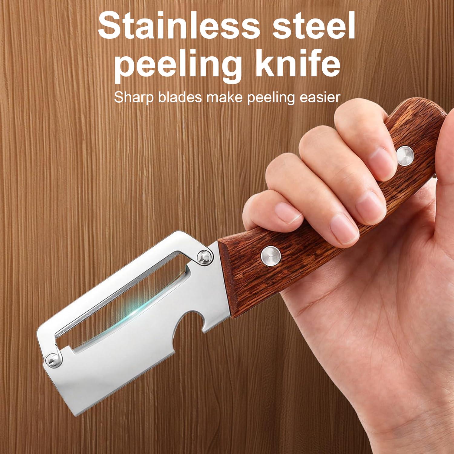 2-in-1 Stainless Steel Fruit & Veggie Peeler with Bottle Opener, Wooden Handle Non-Slip Ergonomic Grip, Sharp Durable Peeler for Kitchen Vegetable Fruit Peeling