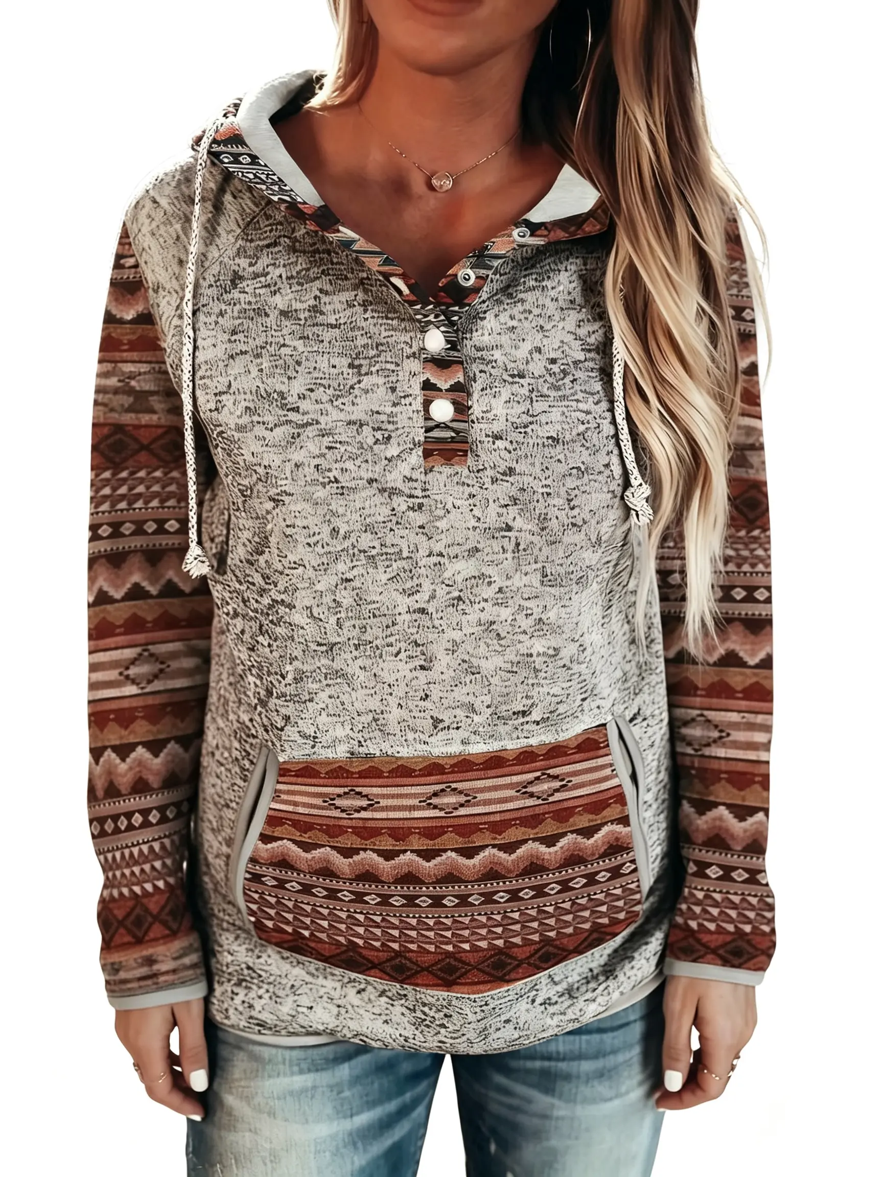 Women's Western Ethnic Style Retro Hooded Pullover, Geometric Ethnic Print Pullover, Soft and Elastic Long-sleeved Casual Shirt Graphic Hoodies Mock Neck Sweatshirt