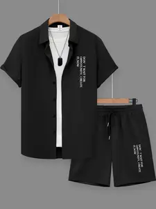 Men's Black Slogan Print 2-Piece Cozy Loungewear Set, Short-Sleeve Lapel Shirt with "DON'T WAIT FOR OPPORTUNITY" Graphic, Elastic Drawstring Waist Shorts, Breathable Fabric, Relaxed Minimalist Style, At-Home Lounging, Casual Evenings, Homewear