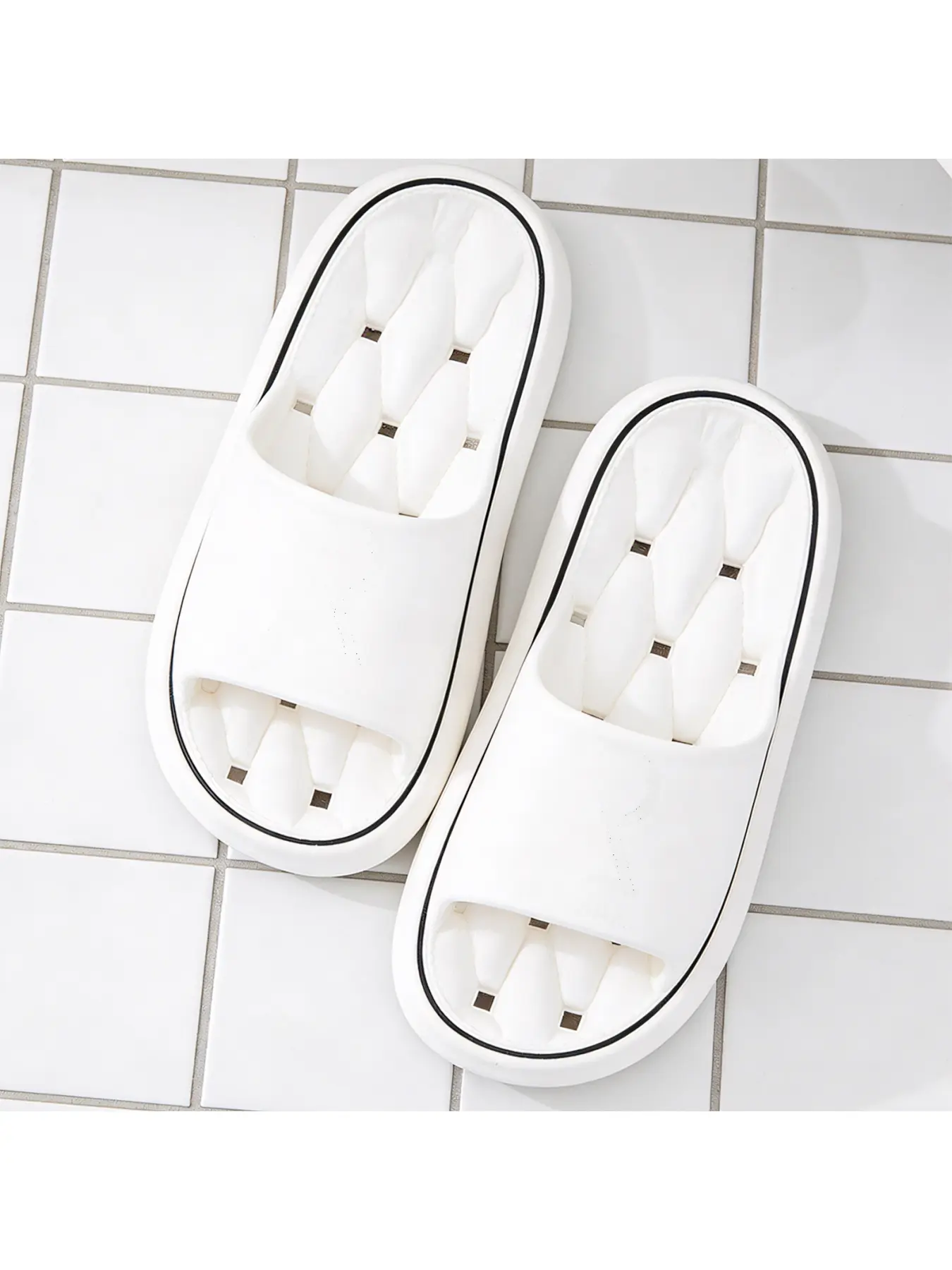 Minimalist White Slide Slippers with Quilted Insole, Non-Slip Bathroom Shower Shoes for Daily Home Use