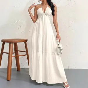Women's Deep V Neck Tie Knot Backless Halter Dress A Line Flowy Ruffle Maxi Dress