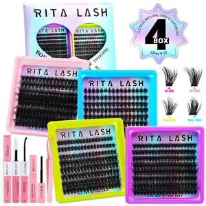 RITALASH 570pcs 4 Boxes  Mega/3D Lash Clusters Kit, WaterProof Lashes Clusters Eyelash Extensions with Everything You Need for Beginners and Proficient, DIY at Home Easily，Extension Soft comfortable Easy Apply Natural Look for Makeup Daily Life