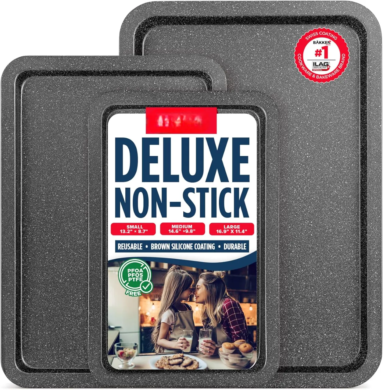 [New deal] - 3-Piece Kitchen Baking Pans - Small, Medium, and Large Cookie Pan, With Nonstick Coating, Stackable and Space-saving Design, PFOA, PFOS, PTFE Free, Oven Safe Tray (Up To 450°F), Gray Marble