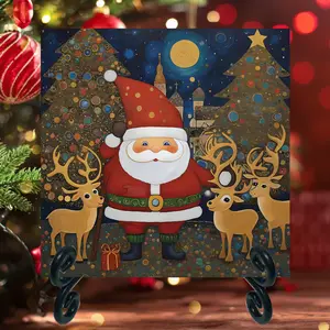 Whimsical Santa & Reindeer Christmas Coaster Set 4 Handmade 4.25" Glossy Ceramic Tiles Festive Holiday Home Decor Christmas Gift Idea Santa Art Drink Coasters