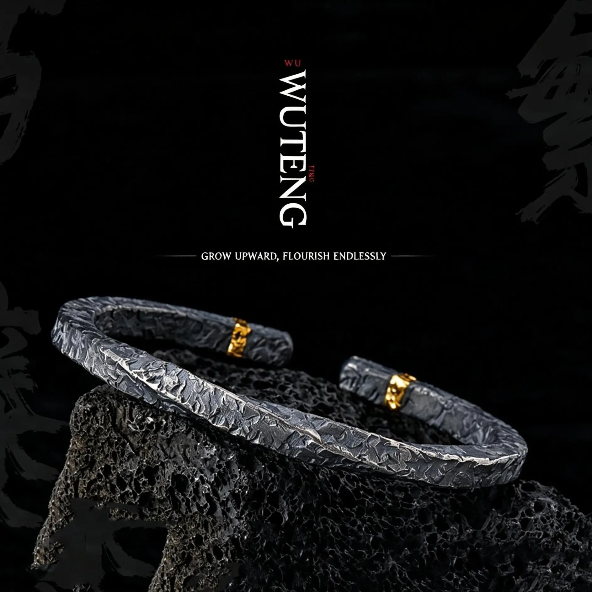 Minimalist Vintage Black Gold Mobius Bangle For Men, Unique Hammer Texture Open Adjustable Cuff Bracelet