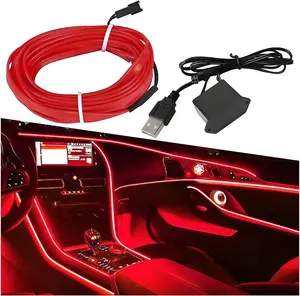 EL Wire Car Interior LED Strip Lights, V FT Neon Light Strip with Sewing Edge, USB Electroluminescent Car Interior Lights with Fuse Protection, Vehicle Ambient Lighting Decorations (Red)