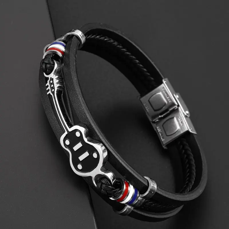 Men's Gothic Punk Bracelet with Guitar Graphic, Woven Synthetic Leather Band, 1-Size Fashion Party Holiday Accessory, Gothic Punk Style Bracelets & Bangles, Punk Graphic Bracelets & Bangles