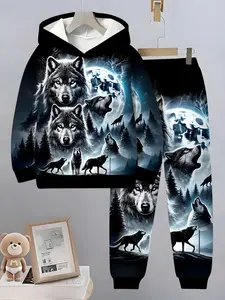 Boys Fashion Wolf Pattern 3D Printed Hoodie Set, Long Sleeve Sports Wear, Spring Fall Winter Outdoor Hooded Sweatshirts
