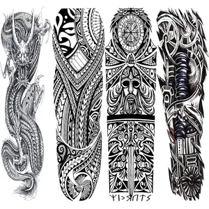 Dragon Tribal Temporary Sleeve Tattoo For Men Women, Large Full Arm Mechanic Maori Viking Fake Tattoo Sleeve For Adult, Long Lasting Black Arm Temp Tatoo Sticker Leg Body Art Makeup, 4-Sheet