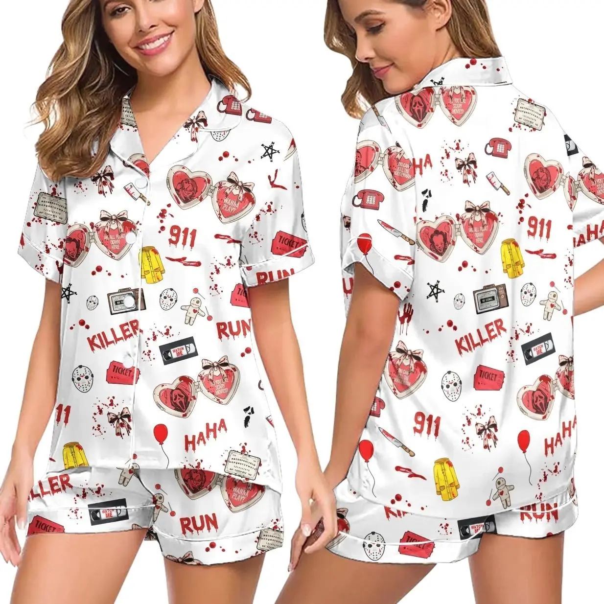 Horror Movie Satin Pajamas, Bloody Sleepwear for Women, Spooky Killer Print Outfit