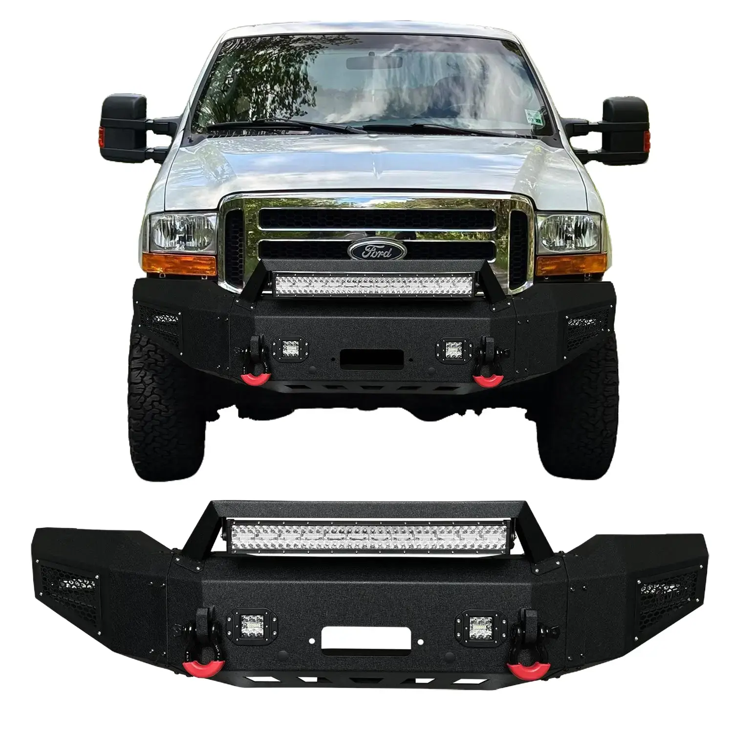 Vijay Custom Fit Steel Front Bumper with Black Texture Finish for 1999-2004 Ford F250/F-350 Super Duty, Automotive SUV Performance Accessory, Winch Plate, 2 D-Rings, LED Lighting, Easy Screw Installation