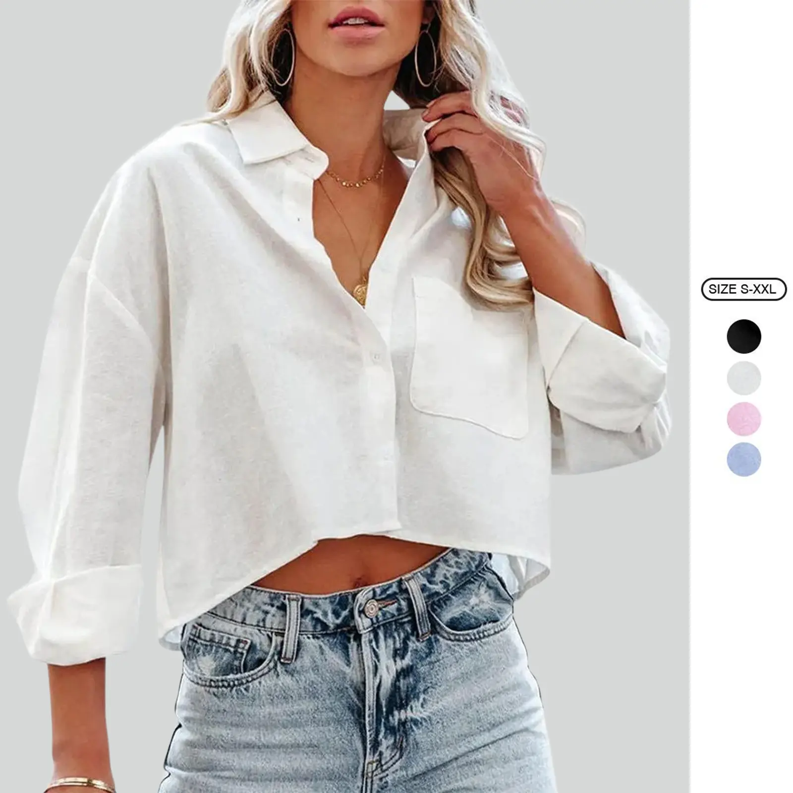 Imily Bela Womens Button Down Cropped Shirts Long Sleeve Casual Crop Tops Solid Lapel Blouse Shirt with Chest Pocket