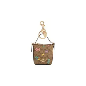 COACH Signature Floral Print Coated Canvas Leather Keychain Bag Charm for Women in Brown