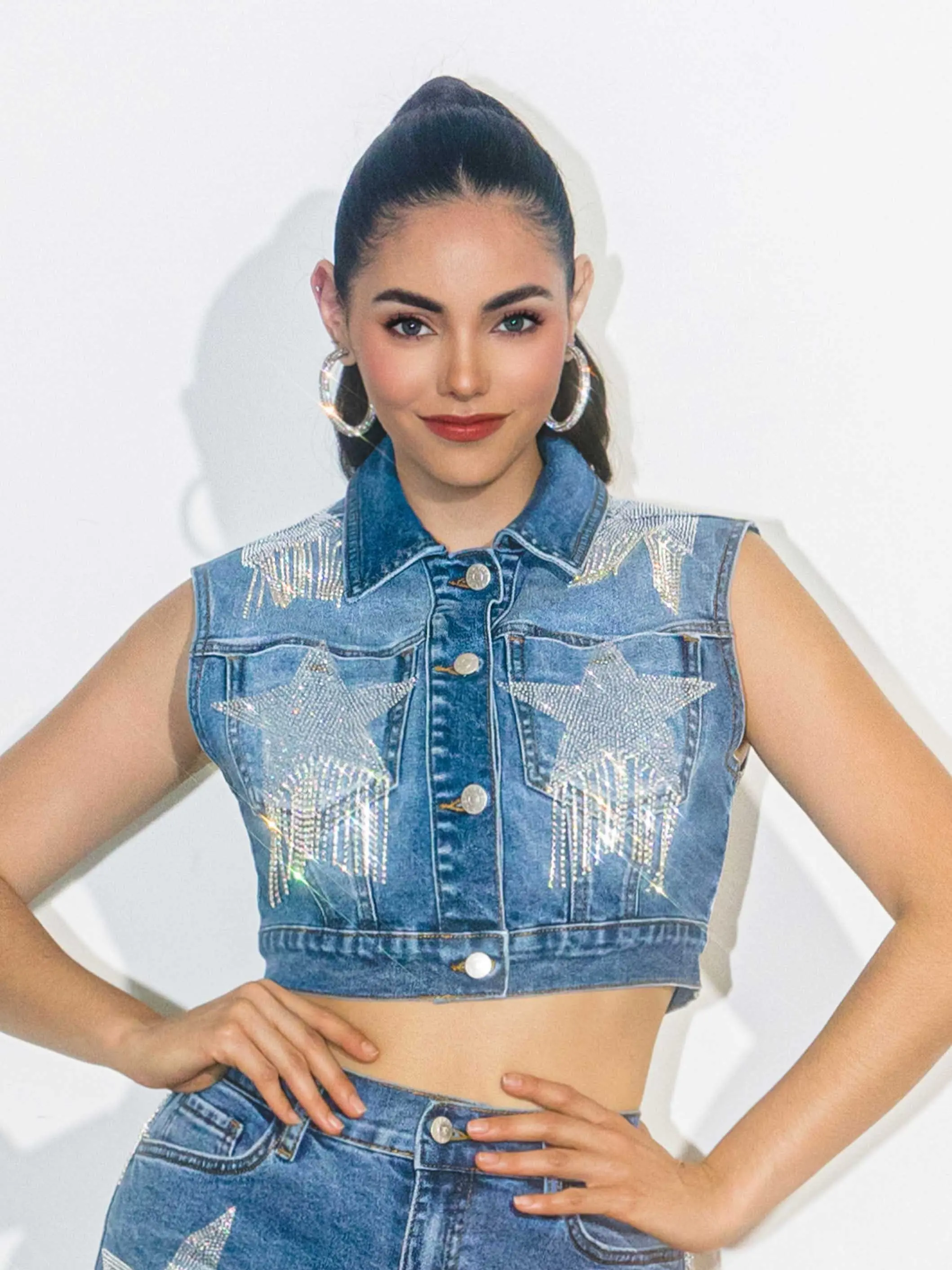 Star Rhinestone Sleeve-less Trucker Jacket