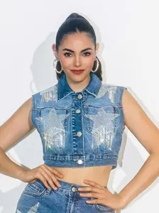 Star Rhinestone Sleeve-less Trucker Jacket