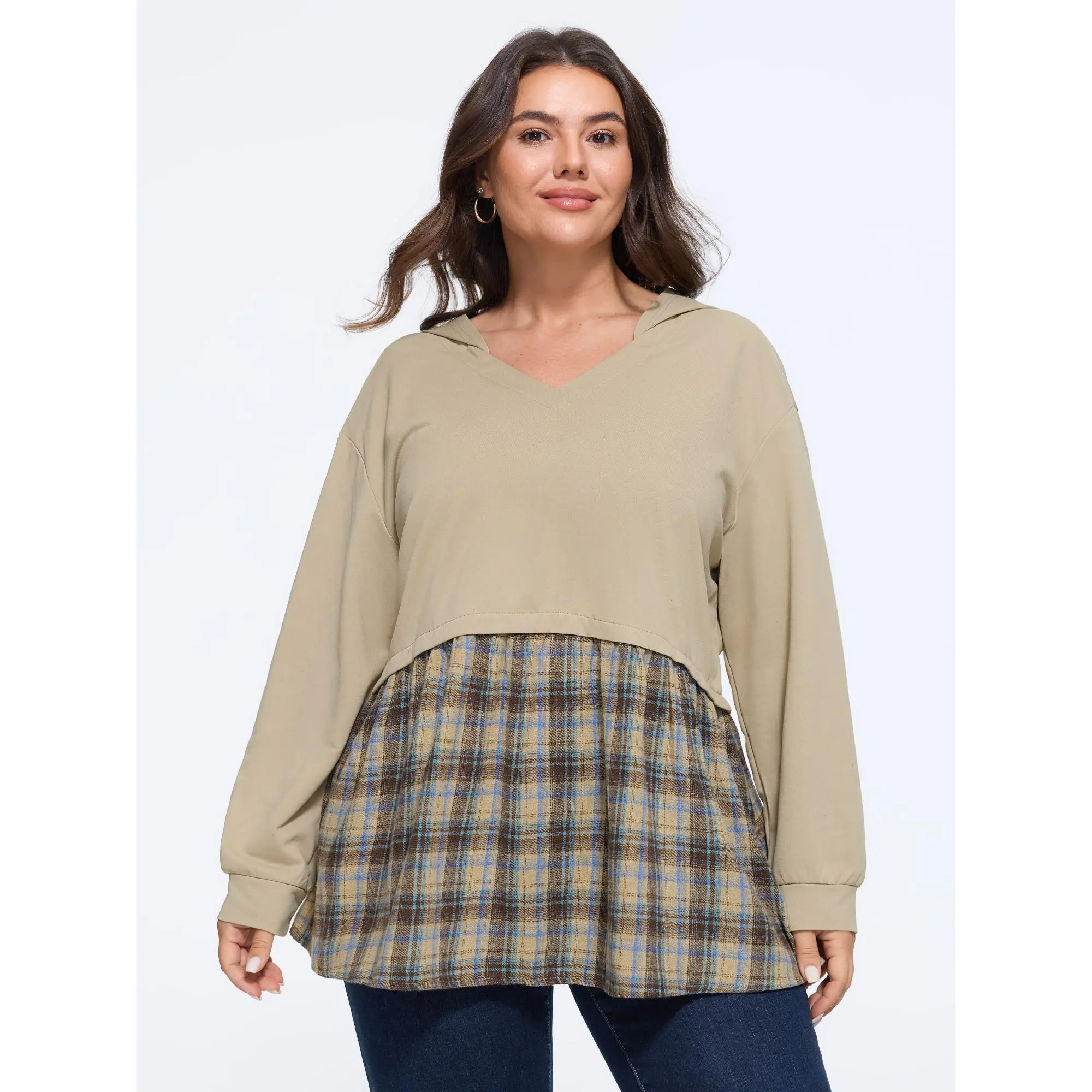 BLOOMCHIC Plus Size Color‑Block Plaid Patchwork Hooded Sweatshirt[M-6X] Summer Finds