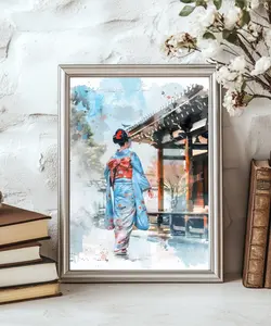 Blue Japanese Geisha Premium Matte Art Print - 8x10 Unframed Home Decor
