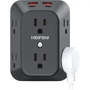 USB Wall Charger Surge Protector,  6 Outlet Extender with 4 USB Charging Ports (2 USB C), 3-Sided 1050J Multi Plug Wall Outlet, Wall Mount for Home Travel Office, Black