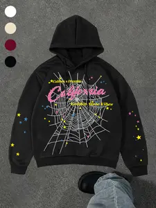 Men's Hooded Sweatshirt, Spider Web Pattern, Letter Print, Colorful Stars, Street Punk Style, Casual Fitted, Fall & Winter, Graphic Hoodie