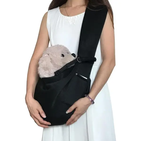 Hands-Free Dog & Cat Sling Carrier for Small Pets (Up to 15 lbs) - Breathable Cotton Fabric Bag with Padded Shoulder Strap, Buckle, Button, Dual Safety Hook, Wide Opening for Simple Boarding, Reversible Look, Lightweight Portability for Outdoor Travel