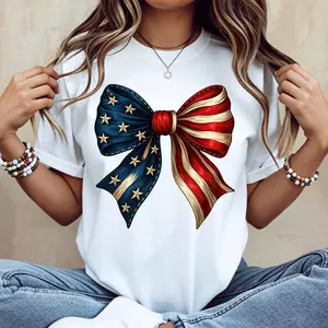 American Flag Bow Print T Shirt White Casual Loose Fit For Everyday Wear And Outdoor Activities