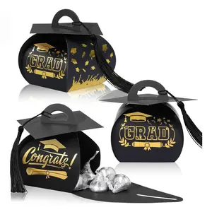 30PCS Graduation Cap Gift Boxes 2026, Candy Boxes with Tassel for Grad Party Favors Decorations Black Gold