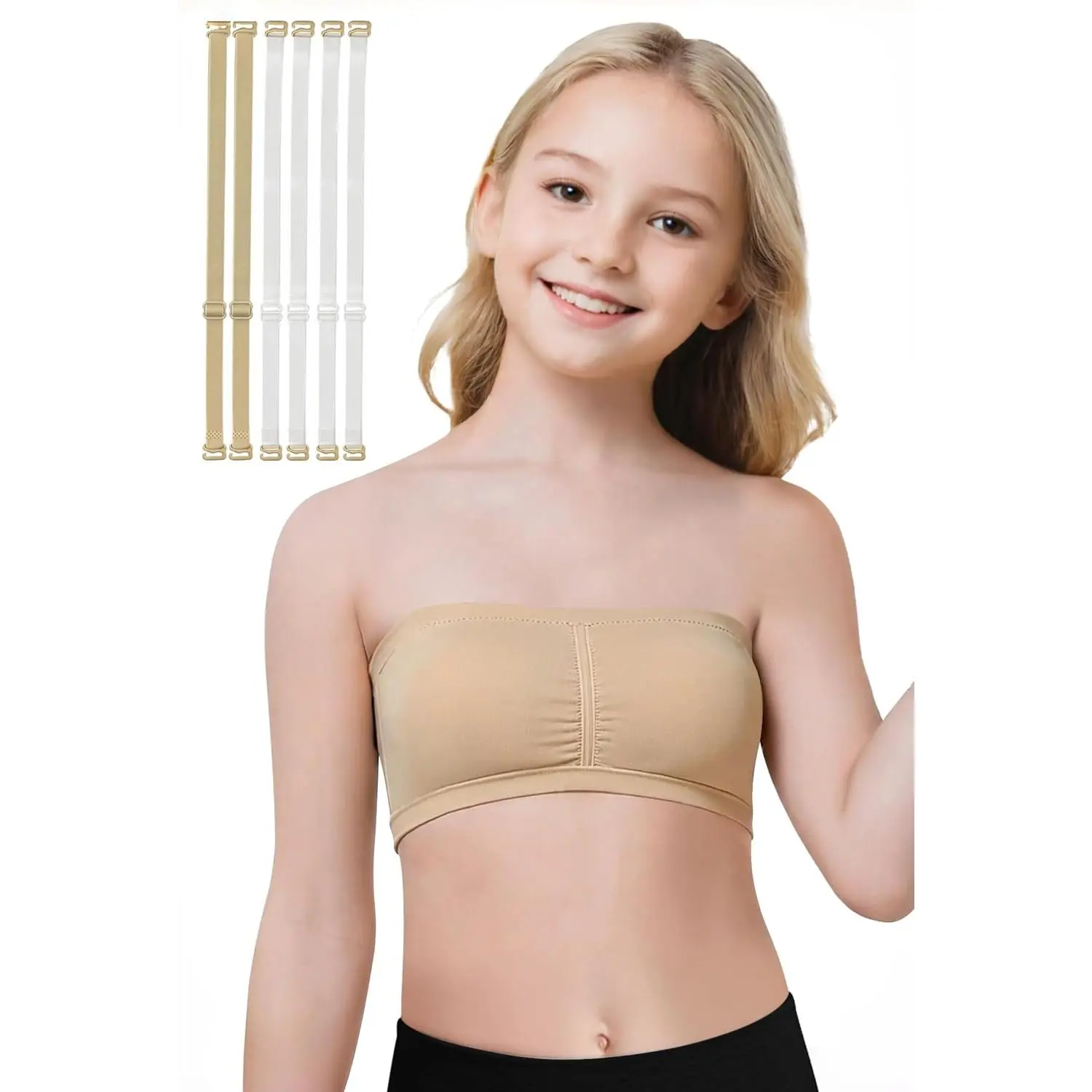 Girls Seamless Bandeau Bra for Teen Girls Training Sport Crop Top with 2 Pairs of Clear Straps, Chest PaddingGift.