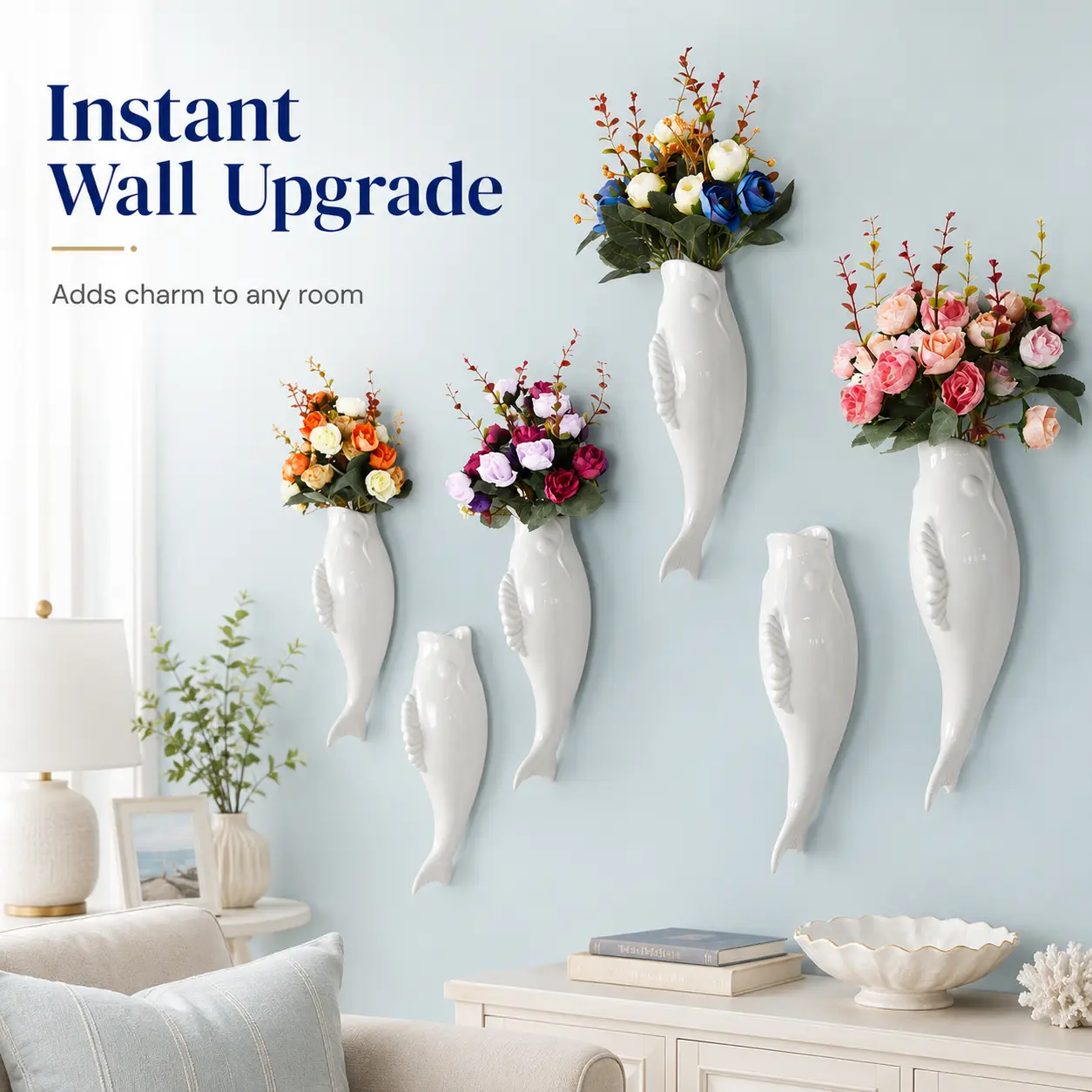 Ceramic Goldfish Vase Wall Mount, Simple Modern Creative 3D Decorative Vase, Restaurant Mural Wall Hanging Home Decor (Wholesale), Decorative Vases