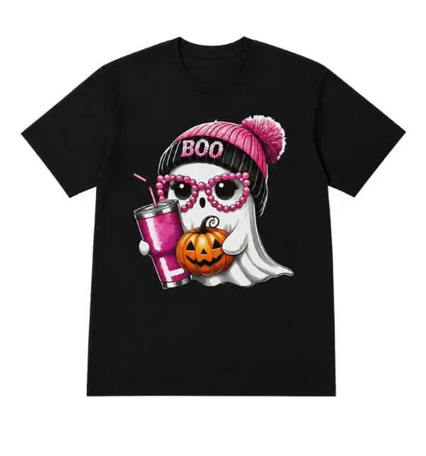 Cute Ghost BOO Beanie T-Shirt, Trendy Pink Halloween Graphic Tee, Funny Spooky Season Design, Adorable Pumpkin Drink Ghost Shirt, Bold Girly Horror Apparel, Classic Cute Fall Style, Perfect Gift For Men and Women