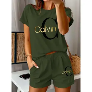 Summer Outfit for Women - Calvin Print Short Sleeve T-Shirt & Shorts Set, Polyester, All-Season Wear, Casual Attire | Minimalist Design | Printed Short