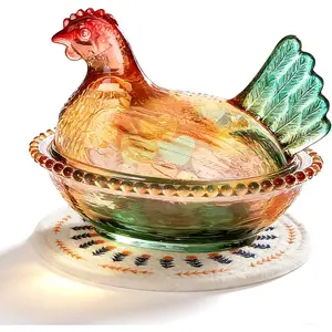 Crystal Glass Chicken Shaped Candy Dish with Placemats,Vintage Style Hen Rooster Nest Candy Bowl with Lid,Colorful Jar for Snacks, Dessert, Cookies Home Kitchen Office Tabletop Decor (Small)