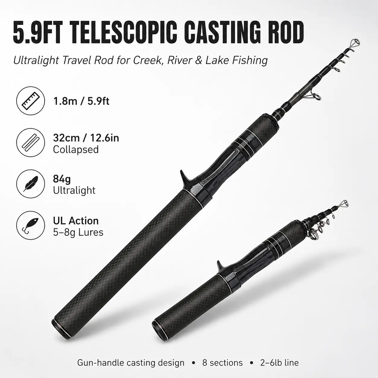 5.9FT Travel Fishing Rod, 2.9oz Lightweight 8-Section Telescopic Casting Rod, 12.6in Collapsed ML Carbon Fiber Rod for Light Lures, Beginner-Friendly Bass Panfish Freshwater & Saltwater Fishing