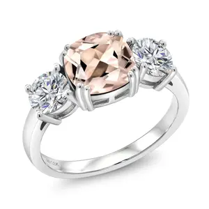 Gem Stone King 925 Sterling Silver Peach Morganite and Lab Grown Diamond Engagement Ring For Women | 2.88 Cttw | Cushion 8MM | Gemstone October Birthstone