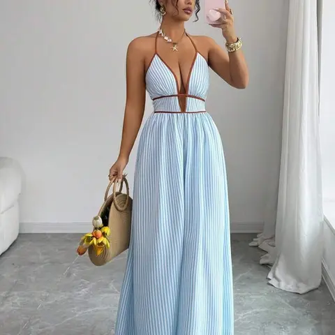 Women's Elegant Sexy Striped Deep V Neck Halter Dress, Club Dresses, Perfect for Summer Vacation, Beach, Poolside & Trendy Fashion Piece