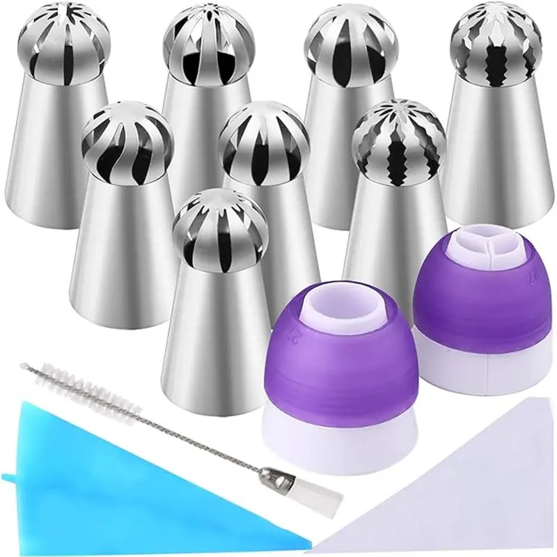 42-Pcs Stainless Steel Russian Piping Tips Bakeware Set for Beginners - Cake & Dessert Decorating Tools, Corrosion-Resistant, Durable, Non-Toxic, 8 Flower Icing Ball Nozzles, 2 Couplers, 30 Disposable Pastry Bags, 1 Washable Brush, 1 Reusable Silicone Bag