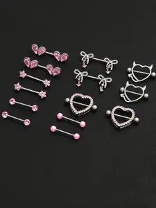 8 Pairs Nipple Rings Piercing Jewelry Set Y2K Aesthetic And Cute 14G Hypoallergenic Stainless Steel AAA+ CZ Multi-Design (Heart, Bow, Flower) For Women Daily Wear Beach Party Gift