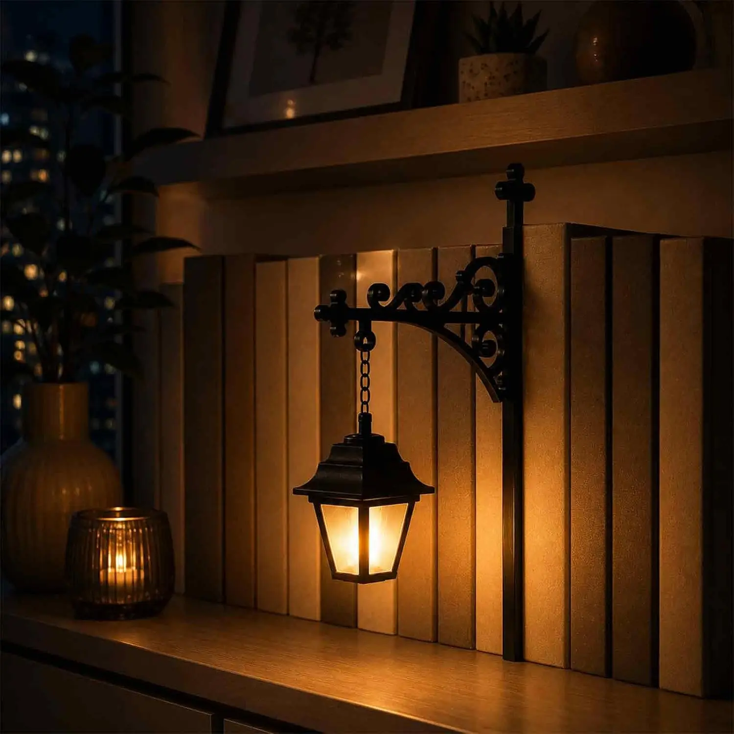 Library Lantern-Decorative Bookshelf Lighting, Miniature Hanging Shelf Lamp, Warm LED Nightlight, Reading