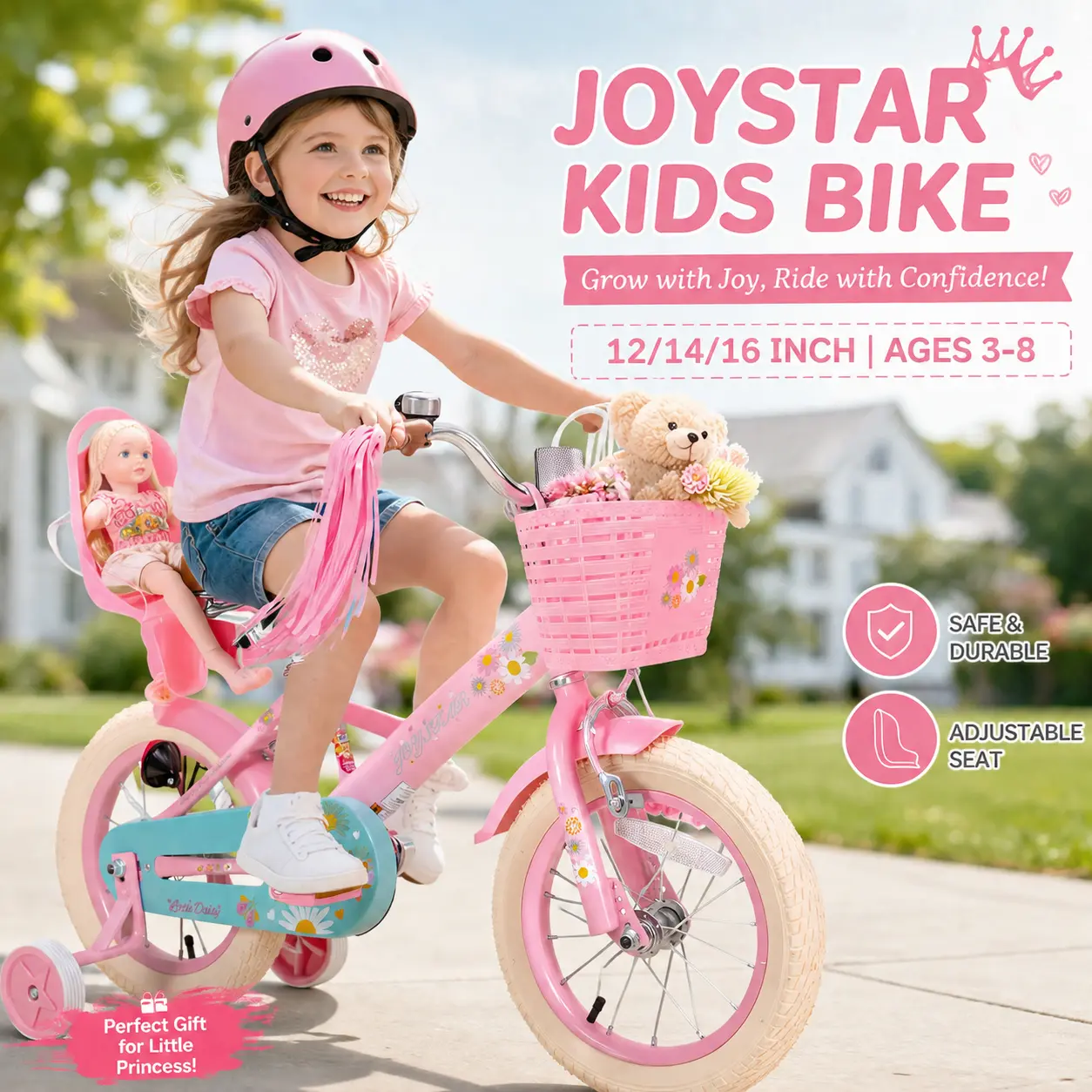 JOYSTAR Kids Bike for Boys Girls Ages 3-9, 12-16 Inch Toddler Bicycle with Training Wheels & Princess Doll Seat