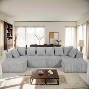 Corduroy Upholstered U-Shaped Sectional Sofa, 130-in 4-Seater Reversible Chaise Lounge, Gray Striped Fabric, Customizable Freely Configurable Living Room Couch, Corduroy Upholstered Sectional, U Shaped Sofas