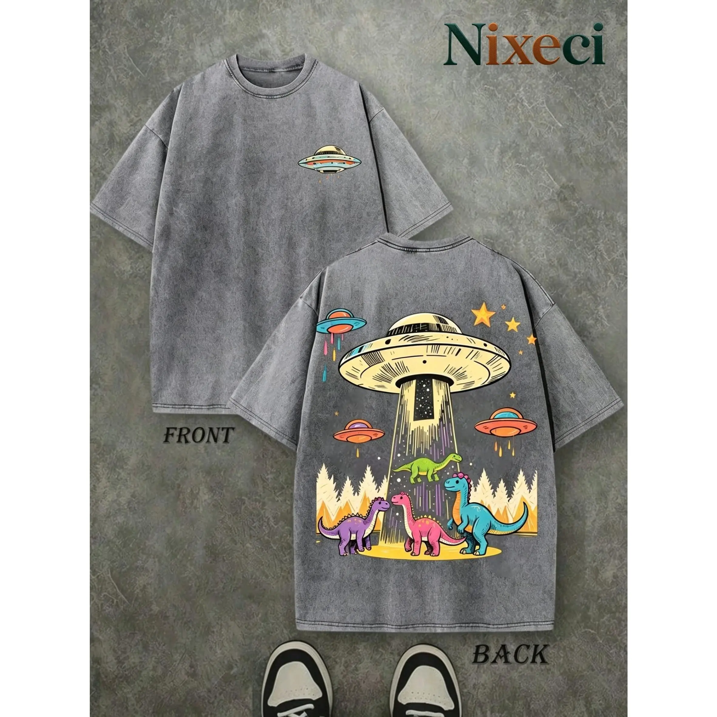 Washed-Vintage Washed Mint Green Nostalgic Sci-Fi T-Shirt - Oversized Crew Neck Short Sleeve T-Shirt with UFO And Dinosaur Prints, 230G Pure, Suitable for Daily Casual Wear And Summer Adventures, a Gift for Space And Dinosaur Enthusiasts