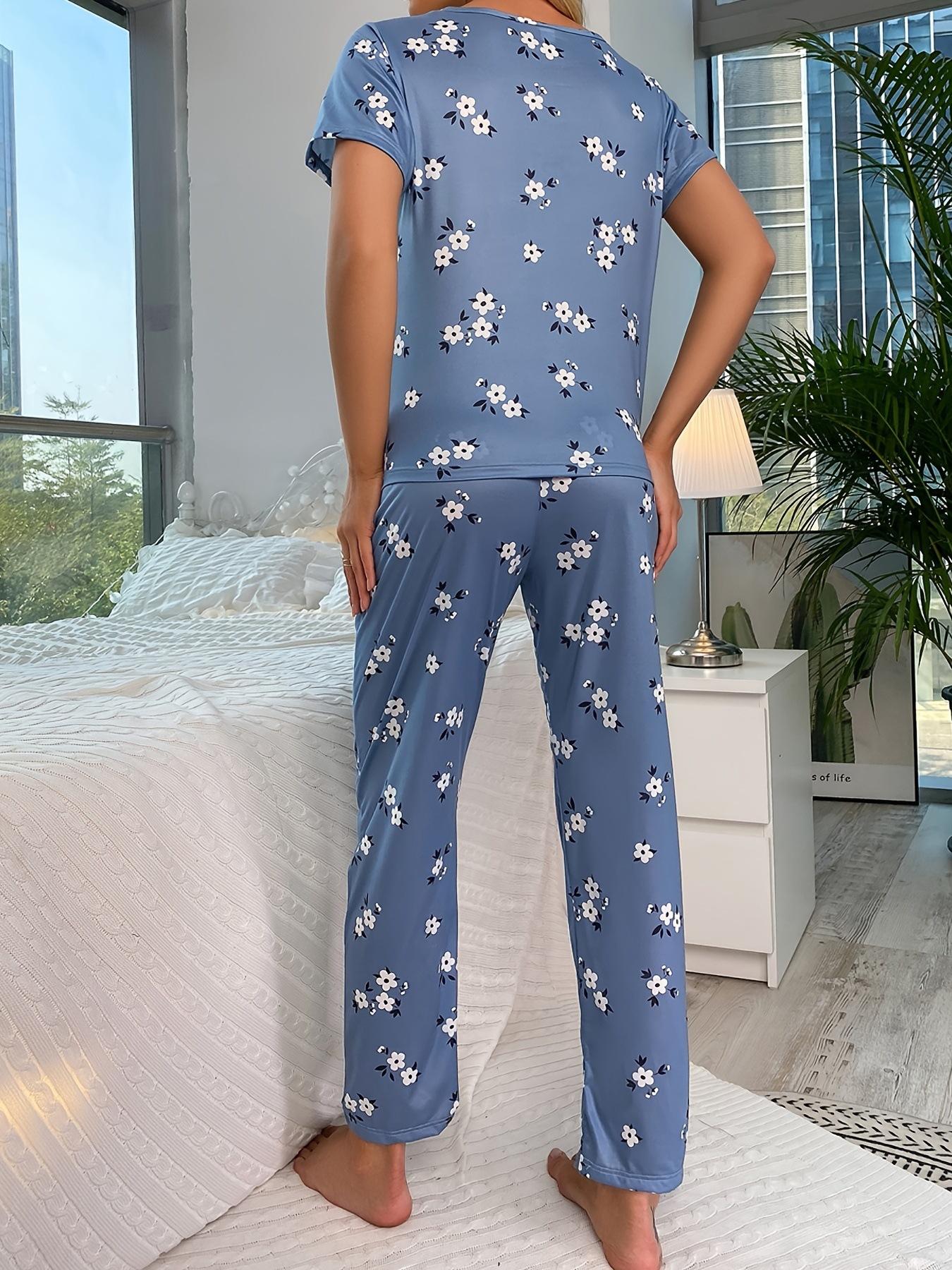 Womens Summer Sleepwear Set - Printed Round Neck Short Sleeve Top and Pants - Comfortable Home Pajama Two-Piece