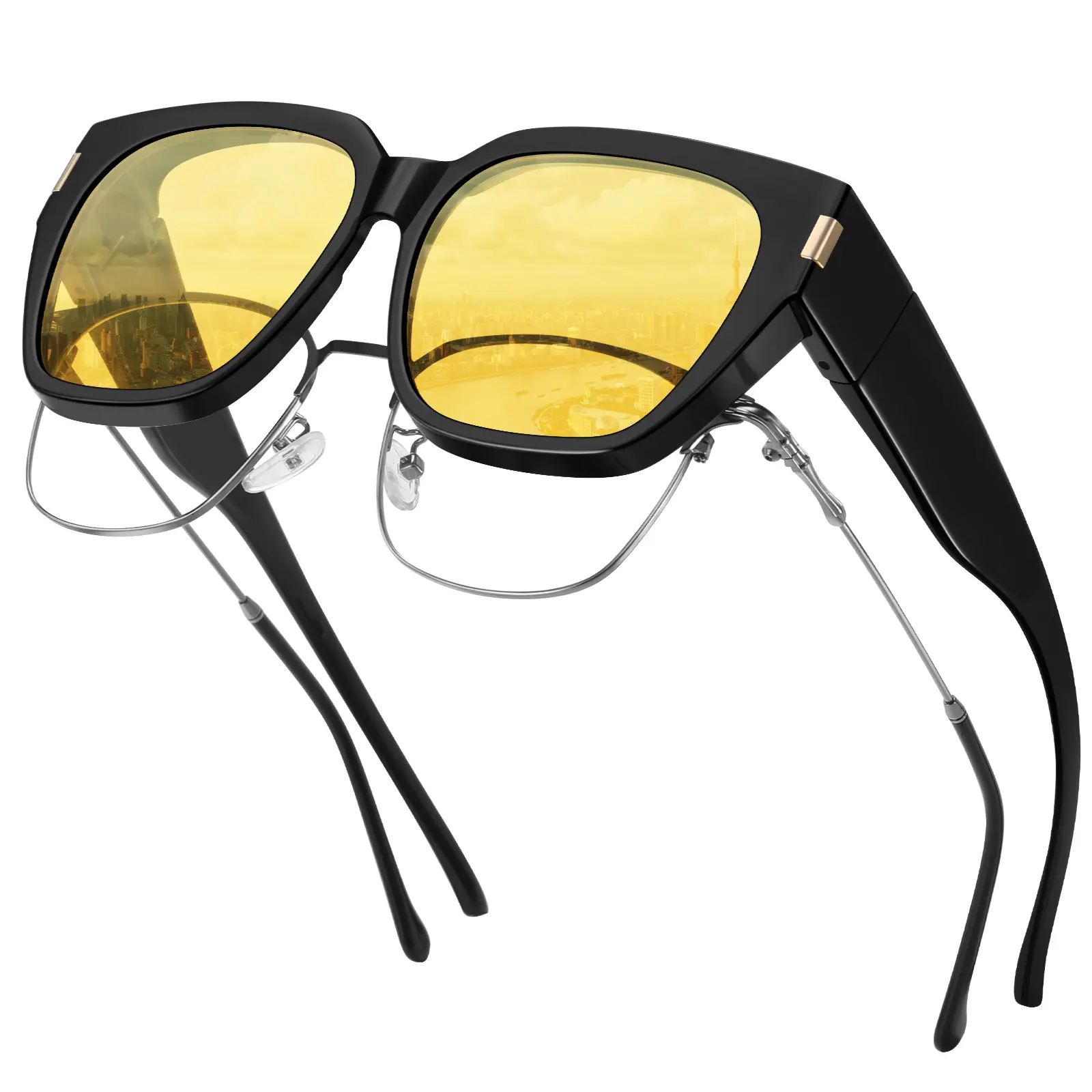 RMMEEY Anti-Glare Men's Sunglasses, Oversized Retro Square Cat-Eye Eyefashion Frames, Yellow Polarized HD Lenses, White Flower Heart Tint, Lightweight Safety Protection, Bifocal Casual Beach Sunglasses, Tac