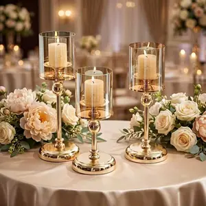 Gold Retro Metal Glass Candle Holders - Windproof, Practical Home Decor, Table Decor for Christmas, Wedding Occasions, Candles Not Included