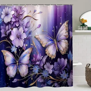 1/4pcs Creative Dreamy Floral Butterfly Shower Curtain Set, 2 Specifications Available, Includes 12 Plastic Hooks, Non-Slip Mat, Toilet Lid Pad