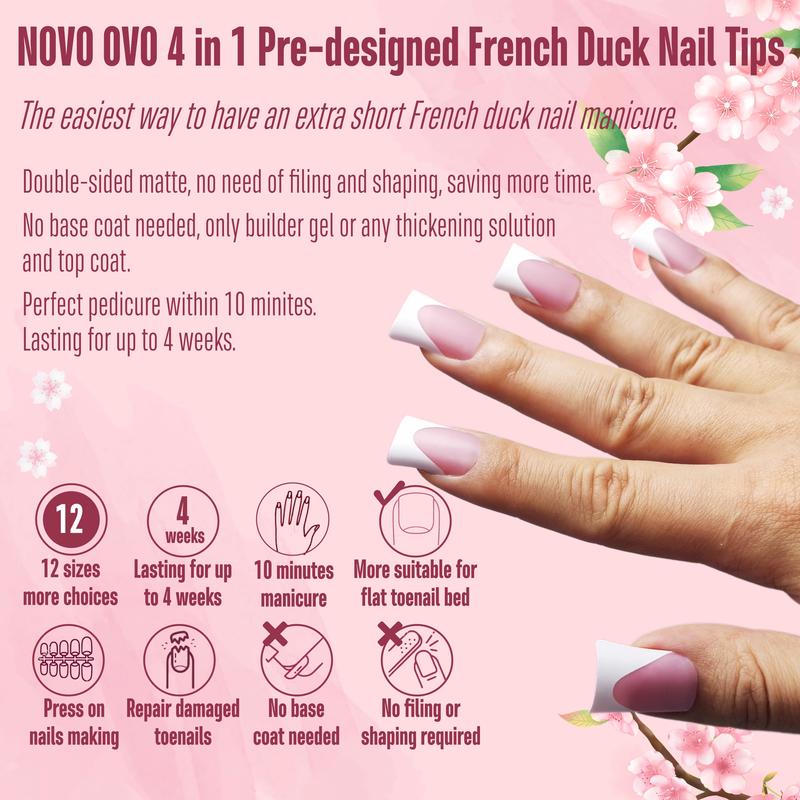 NOVO OVO French Tip Short Duck Nail Tips Press on, Pre-designed Soft Gel Nail Extension, BERRY PINK Pre-applied Tip Primer & Base Coat, Full Cover Matte Vrial False Nails for DIY x 12 Sizes 240 pcs【NO GLUE ,TOP COATAND LAMP INCLUDED】