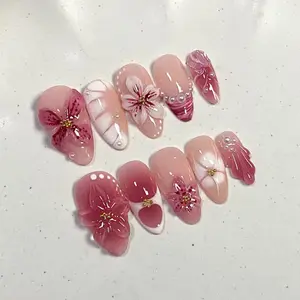 10pcs Short Press on Nails, Nude Gradient Fake Nails, Decorative Nails, Hand-Painted Sakura & Flower, Reusable Glue on Nails, Nail Art Supplies for Spring Summer