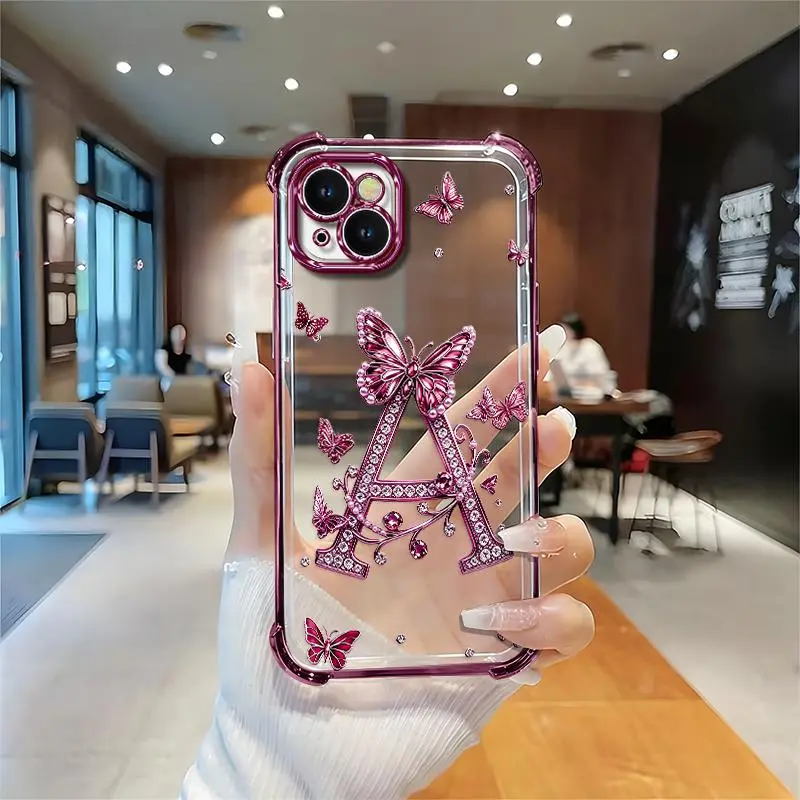 Suitable for [iPhone 13 ] new women's phone case,Electroplated shockproof phone case with reinforced corners, featuring the latest purple butterfly design and a choice of all 26 letters！YM99