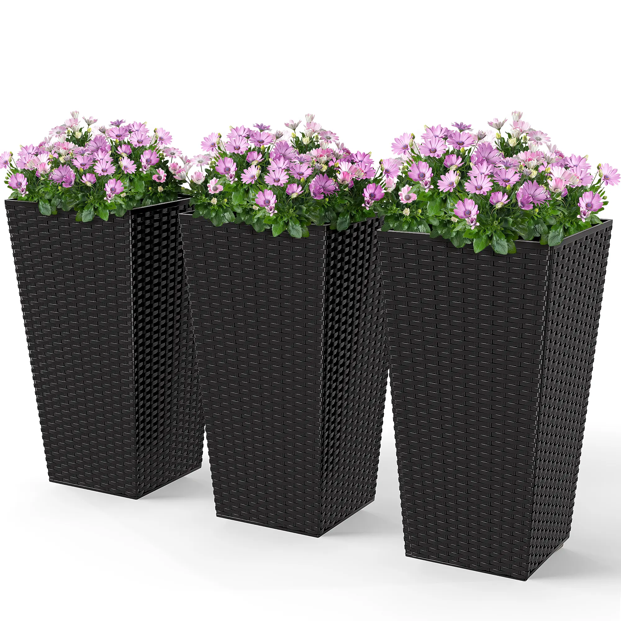 Outsunny 3-Piece 24-In Tall Taper Rattan Cube Flower Pots Planter Box, Multi-Plant Above-Ground Planters with Drainage Holes for Balcony, Front Porch, Indoor/Outdoor Home & Garden Decor