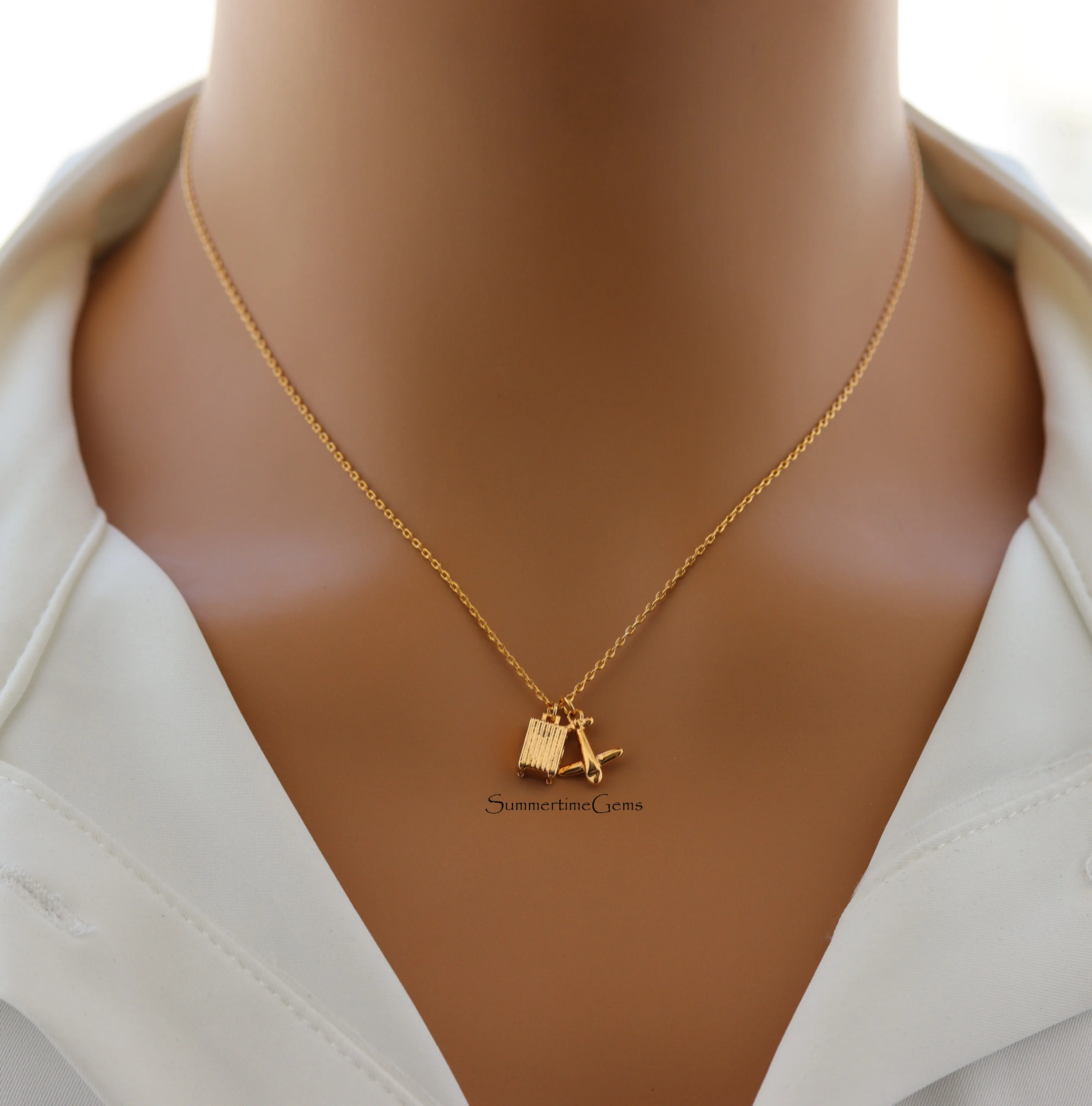 18K Gold Plated Luggage and Airplane Pendant Necklace for Women – Travel-Inspired Wanderlust Jewelry Gift